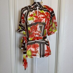 New York & Company Red and Green Floral Tie Front Blouse